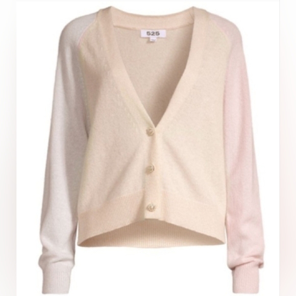 525 America Women's Soft Cream and Pink 100% Cashmere Cardigan - Picture 1 of 7